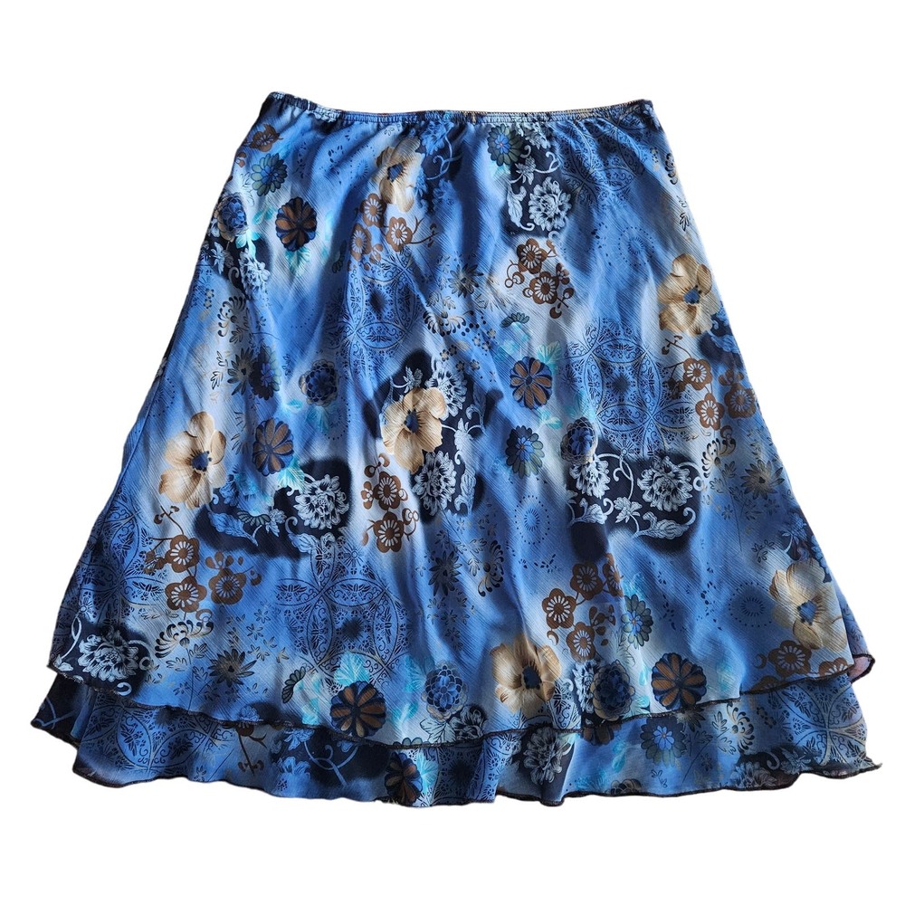 Vintage 00s Y2k Blue Sheer Mesh Midi Knee Length Skirt Floral Size Extra Large